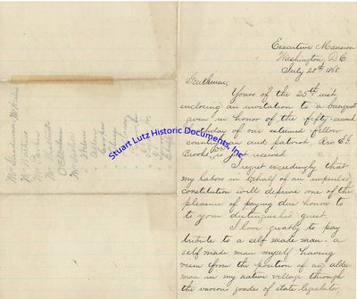 Letter Written On Behalf Of President Andrew Johnson Declining A Dinner Invitation Just One Month After He Survived Impeachment Trial: I Love Greatly To Pay Tribute To A Self Made Man A Self Made Man Myself Having Risen From The Position Of An Alderman In My Native Village Through The Various Grades Of State Legislator Governor Of My Native State, Representatives In Congress, Senator, Vice President To The Humble Position I Now Hold As President Of A Great And Glorious Republic