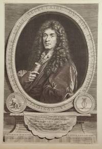 Fine large half-length portrait engraving by Jean-Louis Roullet (1645-1699) after Paulus Mignard (1639–1691) of the distinguished composer in formal dress holding a rolled musical manuscript