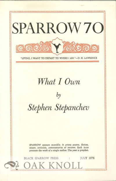 (Santa Barbara, CA): Black Sparrow Press, 1978. self paper wrappers. Black Sparrow Press. 8vo. self ...