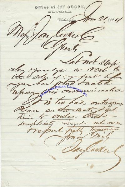 Union Financier Jay Cooke Instructs His Agents Not [To] Let Sleep Close Your Eyes On The Last Day Of Selling His Five-Twenty Bonds