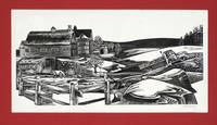 image of Massachusetts farm landscape. Signed Woodblock