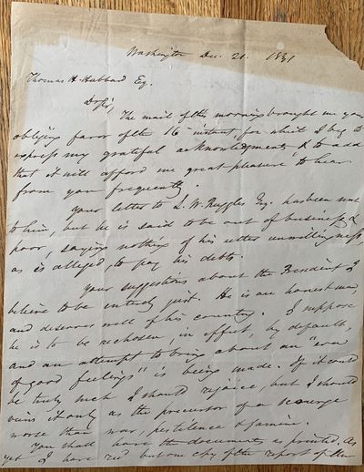 Autograph Letter Signed Washington Dec. 21 1831, to Thomas H. Hubbard