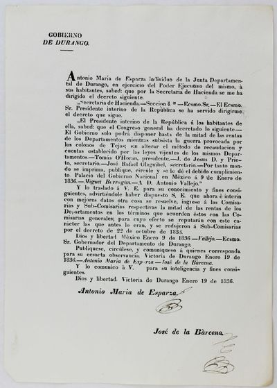Gobierno de Durango. Antonio Maria de Esparza Individuo de la Junta Departamental de Durango, en Ejercicio del Poder Ejecutivo del Mismo, a Sus Habitantes, Sabed: Que por la Secretaria de hacienda Se Me Ha Dirigido el Decreto Siguiente... [caption title]