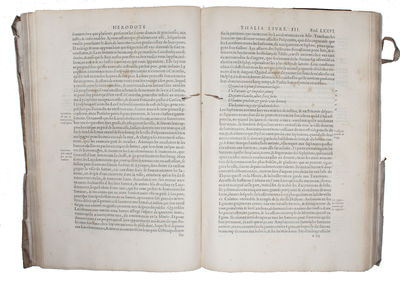 Les neuf livres des Histoires. Plus un recueil de George Gemiste dict Plethon, des choses auenues depuis la iournée de Mantinée. Le tout traduit de Grec en Francais par Pierre Salia. - [THE MONUMENTAL FIRST FRENCH EDITION OF THE HISTORIES OF HERODOTUS] (photo 3)