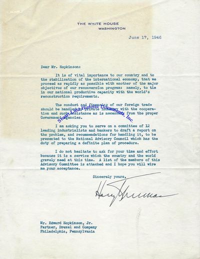 During The Post-World War II Economic Funk, President Truman Asks Banker Edward Hopkinson To Join An Economic Committee