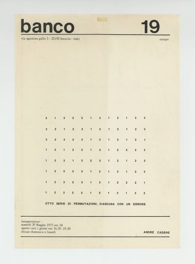 Exhibition flyer: banco 19: Otto Serie di Permutazioni, Ciascuna con un Errore (opens 20 May 1975)