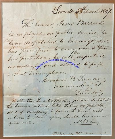 Mirabeau Lamar, The Second President Of Texas, Grants A Pass For A Mexican Federalist Captured In Fight For Independence From Mexico: The Bearer, Jesus Barrera, Is Employed On Public ServiceAnd Has Permission To Carry Arms For His Protection