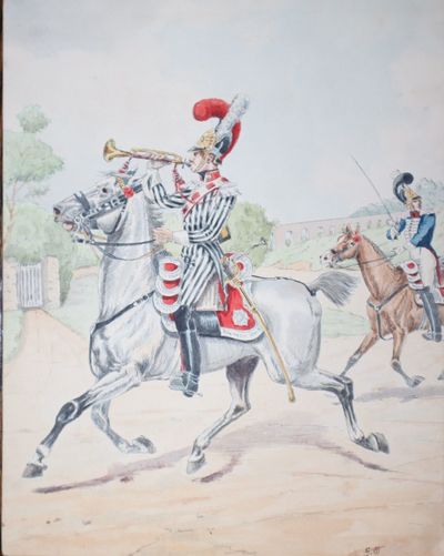 France, 1818. Near Fine. A lively and colorful painting of two members of the French garde du corps ...