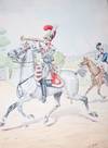 View Image 2 of 3 for  Soldier Playing Trumpet Astride a White Horse Moving with a Lively Gait, an Aqueduct in the Backgro... Inventory #20256