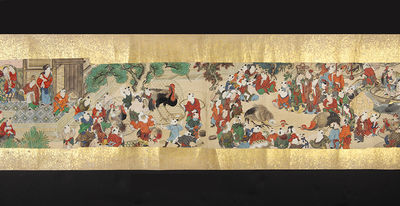 Three picture scrolls (emakimono) on fine paper, with a series of exquisite paintings in vivid colors of Chinese boys (karako) caring & transporting their birds for cockfighting matches with several court scenes. Three scrolls (327 x 3110mm., 327 x 3110 mm., & 327 x 3070 mm.), their backs of shiny paper flecked with gold leaf, brocade endpapers
