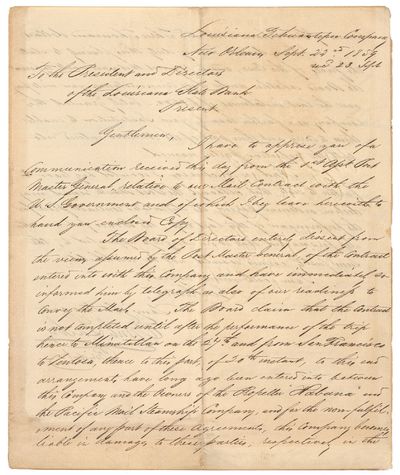 New Orleans, 1859. Very Good. Autograph Letter Signed. Quarto 2pp. Louisiana Tehuantepec Company, Ne...