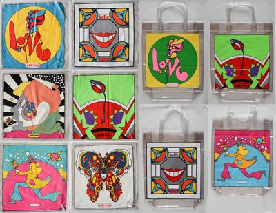 : , 1969. Near Fine. A groovy set of six inflatable plastic pillows and four plastic tote bags with ...