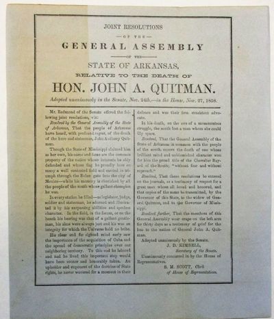 JOINT RESOLUTIONS OF THE GENERAL ASSEMBLY OF THE STATE OF ARKANSAS, RELATIVE TO THE DEATH OF HON. JOHN A. QUITMAN