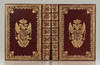 Deluxe manuscript fair copy on paper prepared for Emperor Francis I (title leaves on vellum) entitled “Catalogo Delle Produzioni Naturali che si conservano nella Galleria Imperiale di Firenze[.] Disteso nell’ Anno 1763. per Comando di Sua Maesta Cesarea partecipato da Sua Eccellenza il Sigr. Maresciallo Marchese Antoniotto Botta Adorno[.] Dall Dottr. Giovanni Targioni Tozzetti Decano del Collegio Medico di Firenze Professor Pubblico di Bottanica Prefetto della Bibliotreca Pub. Magliabechiana.” Written throughout, with the exception of the calligraphic titles, in one clear cursive hand in brown ink. Titles for each vol. written in black ink within elaborate calligraphic rococo framed border, elaborate imperial arms at top, one line of title in gold. 1 p.l. (title), 338 unnumbered leaves, 3 blank leaves; 1 p.l. (title), 123 unnumbered leaves, 3 blank leaves; 126 unnumbered leaves, one blank leaf. Three parts in two vols. Small folio (307 x 210 mm.), orig. red morocco, richly gilt, sides decorated with flo