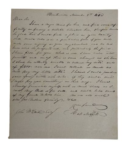 Letter Offering a "Negro Man" towards Debt Settlement, Huntersville, North Carolina 1842