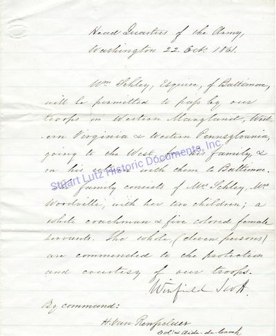 General Winfield Scott Grants Passage To William Schley, His Family And Five Colored Female Servants Through Border States During Civil War