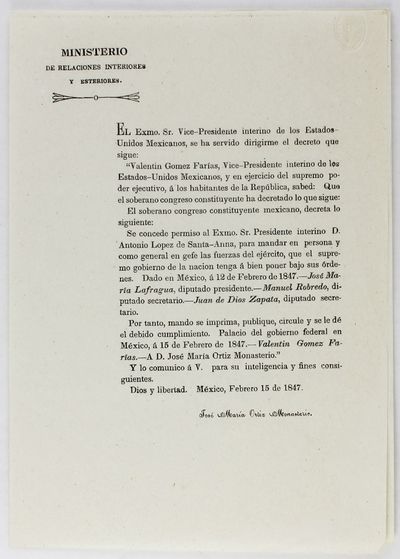 Ministerio de Relaciones Interiores y Esteriores. El Exmo. Sr. Vice-Presidente Interino de los Estados-Unidos Mexicanos, Se Ha Servido Dirigirme el Decreto Que Sigue: "Valentin Gomez Farias, Vice-Presidente Interino de los Estados-Unidos Mexicanos..." [caption title and first line of text]