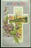 JOYFUL EASTER POSTCARD WITH VIOLETS AND LANDSCAPE IN CROSS