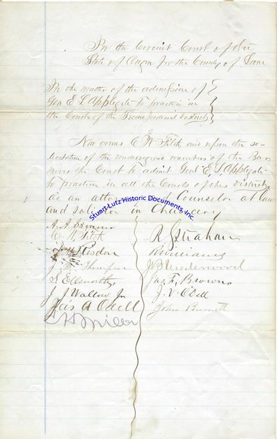 Petition To Admit General Elsiha Applegate, Pioneer Of The Oregon Trail, To The Oregon State Bar; Signed By Joaquin Miller, The Poet Of The Sierras