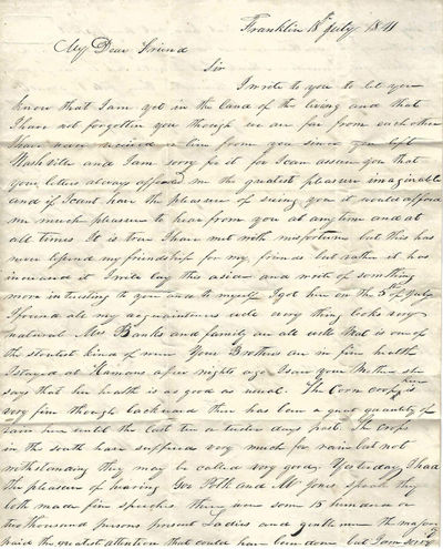 Autograph Letter Signed, Franklin, Tennessee, July 18, 1841, to James M. Critz, Lewisburg, Virginia