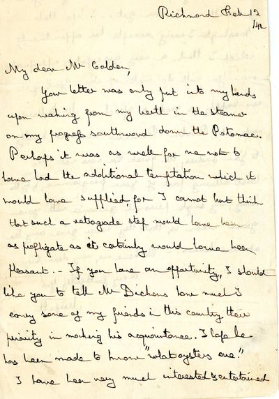 Autograph Letter Signed. Richmond, Virginia, February 12, 1842, to New York philanthropist David C. Colden, who had been his New York host and was then welcoming the famed British novelist to America