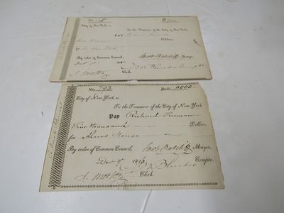 Two receipts paying Richard Furman Superintendent of the NYC Almshouse both signed by Mayor Jacob Radcliff