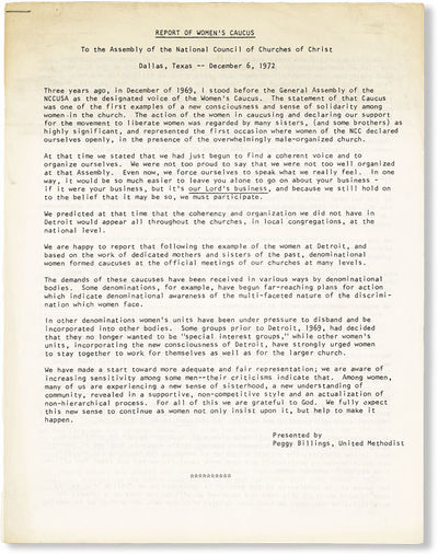 Report of Women's Caucus to the Assembly of the National Council of Churches of Christ, Dallas, Texas, December 6. 1972