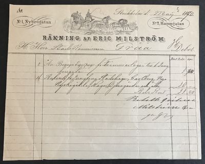 [Räkning för resa med hästvagn i Stockholm 1870]