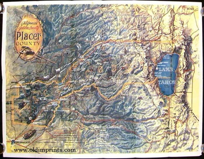 Placer County California Full Color Illustrated Map. (Map title: California's Golden County ...