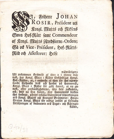 Wi, Friherre Johan Rosir, Président uti Kongl.…