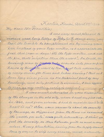 Hawaii Sugar Magnate Zephaniah Spalding Pens A Lengthy Missive About Hawaii, Business, And World War One  [War] Is Easy To Begin; It Is Not Easy To Stop