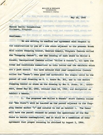 [VIRGINIA] [RICHMOND] [CONTRACT] CONSTRUCTION OF MILLER & RHOADS, BROOK HILL AZALEA SHOPPING CENTER. 1966
