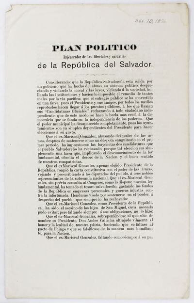 Plan Politico Rejenerador de las Libertades y Garantias de la Republica del Salvador... [caption title]