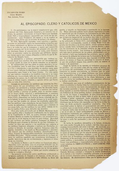 Al Episcopado, Clero y Catolicos de Mexico [caption title]