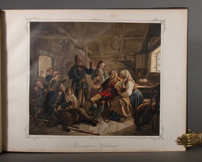 Norske folkelivsbilleder. 1854. Tverrfolio. (4) + 20 + (4) s. Litografert tittelbl. 12 fargelitografier etter malerier og tegninger av Adolf Tidemand. Noe brunplettet. Norske folkelivsbilleder. Ny række. 1858. Tverrfolio. 18 + (4) s. 12 fargelitografier etter malerier og tegninger av Adolf Tidemand. Noe brunplettet i margene. Uniforme samt. skinnbd. Sorte tittelfelter på fordekkel. Helt gullsnitt. (photo 3)