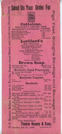 image of Send Us Your Order For .... Lorillard's Kid Tobacco, Eagle Tobacco, Piper Heidsieck Tobacco. 1894 Broadside advertising Florida tobacco grower Thomas Nooney & Sons