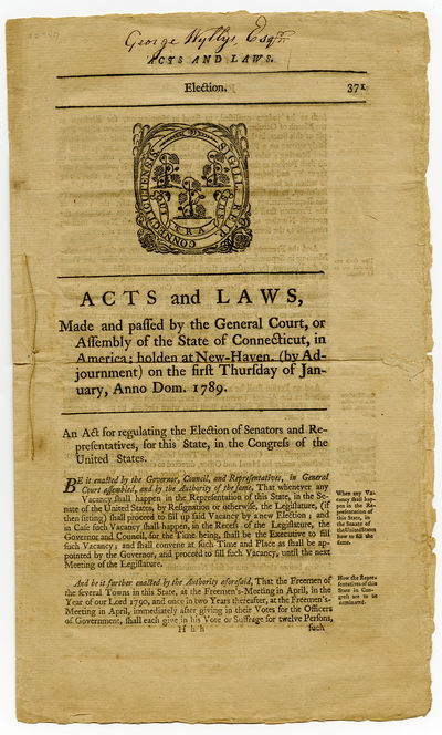 Connecticut Prepares for New Federal Constitution, Establishes Plan to Elect Senators and Representatives