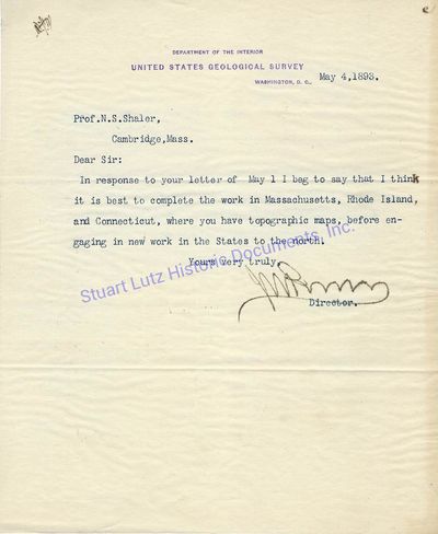 John Wesley Powell Signed Letter To Harvard Professor N. S. Shaler