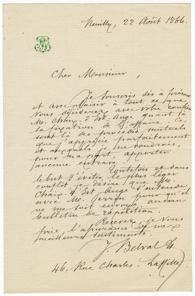 Autograph letter signed "J. Belval" to an unidentified correspondent