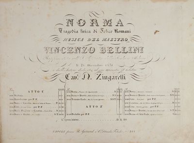 Norma Tragedia lirica di Felice Romani ... Rappresentata sull' I. R. Teatro della Scala a Milano li 26 Dicembre 1831 e dall'autore dedicata al suo maestro il celebre Cavr. N. Zingarell ... Atto [1o.-] 2o. [Piano-vocal score]