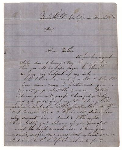 [Autograph letter, signed, by a young mother on domestic life in the aftermath of the California Gold Rush.]