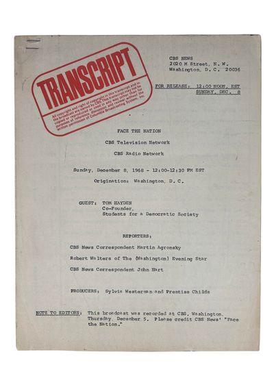 Original 1968 Face the Nation Transcript of Tom Hayden's Interview, on Youth Radicalism, Revolution, and the Vietnam War