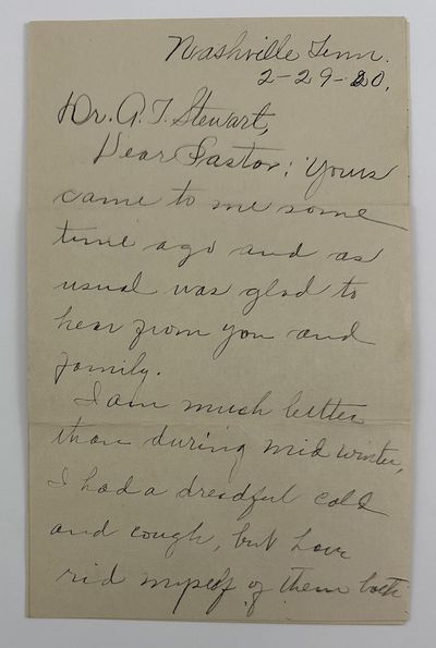 [Autograph Letter, Signed, from Georgia Blakemore Williams, a Pioneering African-American Pharmacist, While Still a Student at Meharry Medical School, to Rev. A.T. Stewart of Tyler, Texas]
