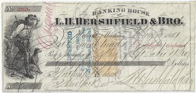1869 – Check drawn on the “Banking House of L. H. Hershfield & Bro” of Helena, Montana that was printed on revenue stamped paper
