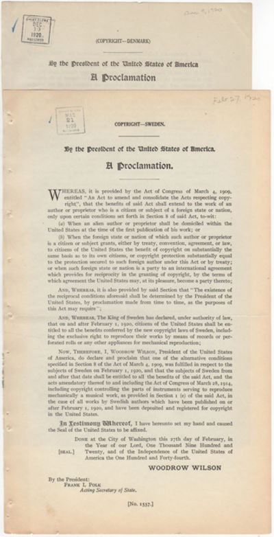 Copyright - Sweden. By the President of the United States of America. A Proclamation. [with] Copyright - Denmark