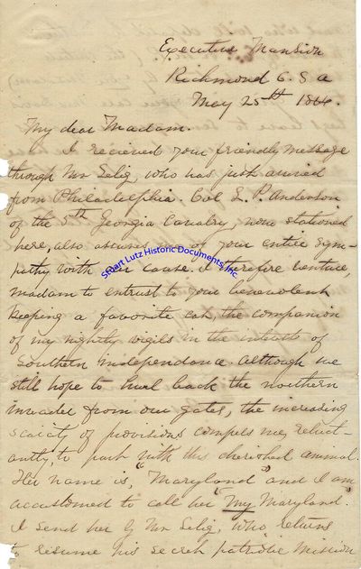 A Contemporary Copy Of A Jefferson Davis War-Dated Letter About His Cat Named My Maryland