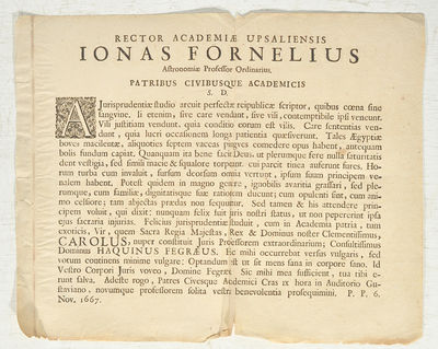Rector academiæ Upsalensis Ionas Fornelius [...]…