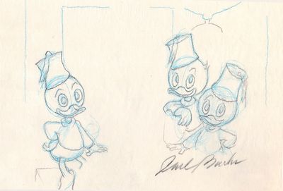 Donald Duck's Nephews, Huey, Dewey and Louie, Original Sketch Signed