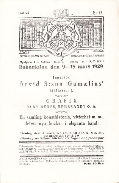 Bokauktion den 9-13 mars 1929. Ingeniör Arvid…