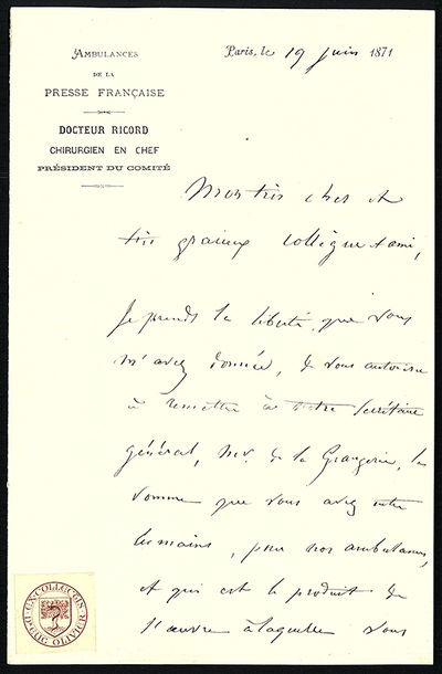 ALS, 2pp., 8vo. on Ambulances de la Presse Francaise stationery
